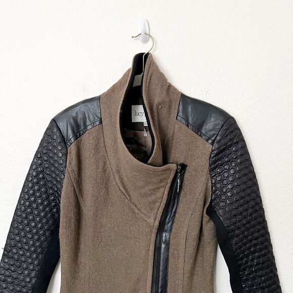 [Lucy Paris] Olive Green Black Mixed Media Wool Faux Leather Jacket Size Small S - Picture 3 of 11